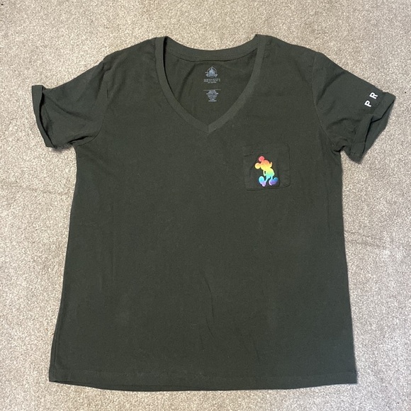 Disney Mickey Mouse Dark Green Pride V Neck Graphic Short Sleeve Pocket Tee - Picture 1 of 4